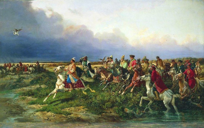 Царь Алексей Михайлович со свитой на охоте. Крайний справа в алом кафтане - Василий Загряжский